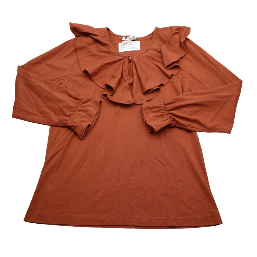 Jeans Wear Shirt Womens L Brown Long Sleeve Ruffle Shoulder Pads Button Knit